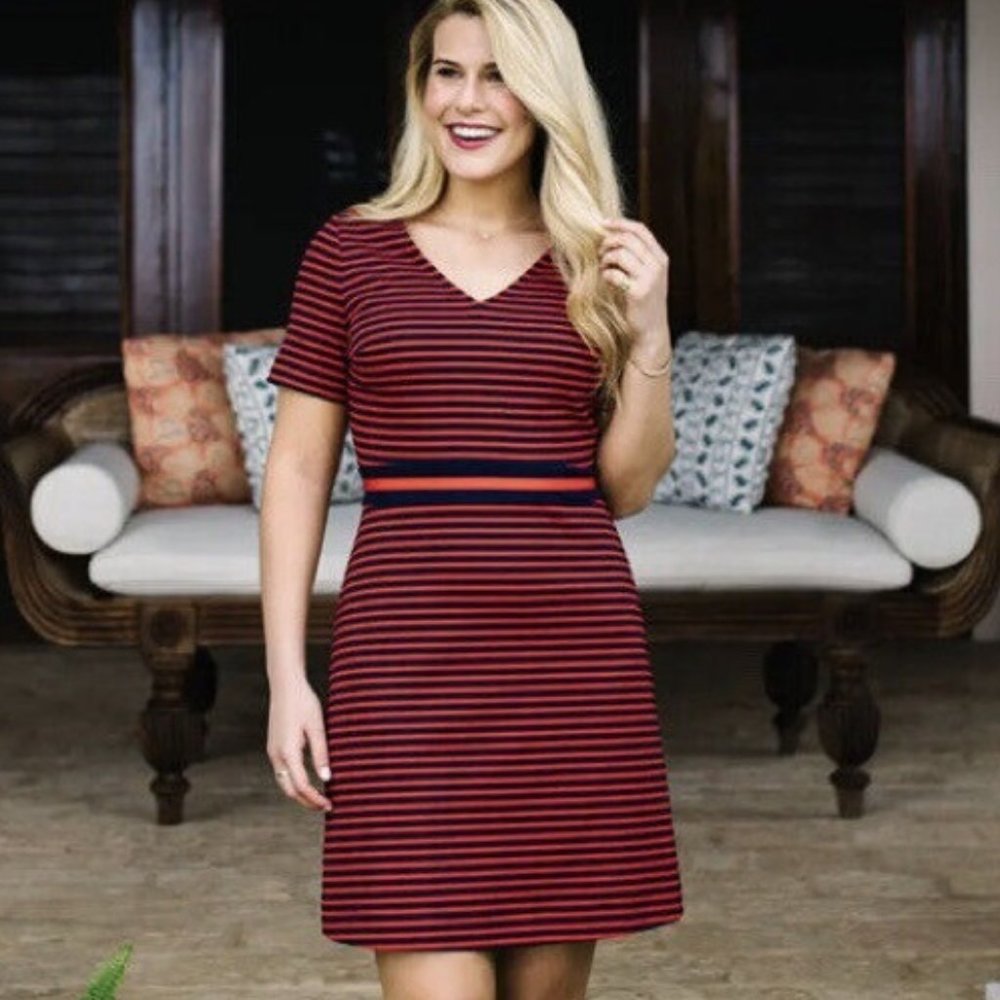 Draper James Stripe Ponte Knit A-Line Dress in Nassau Navy/Red - Size S